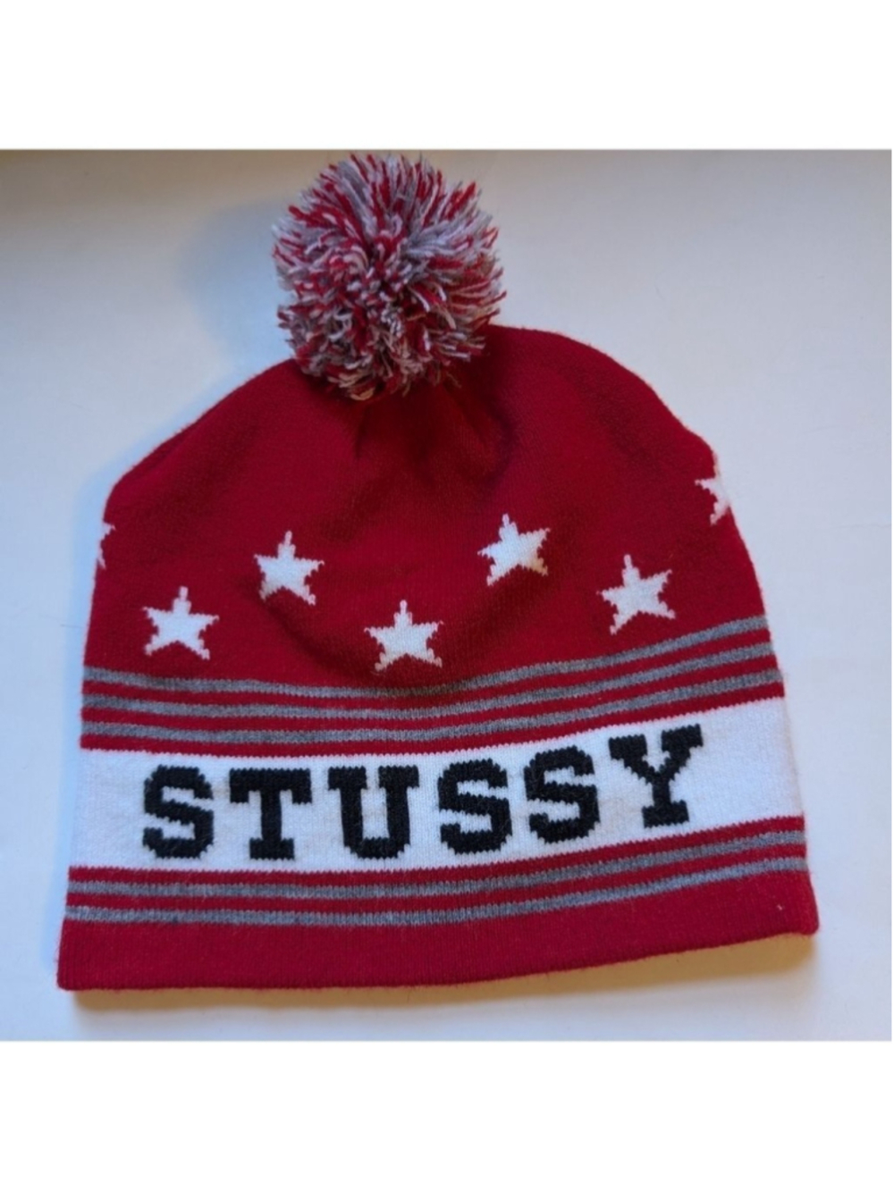 Stussy Red and White Beanie with Pom Pom In EUC